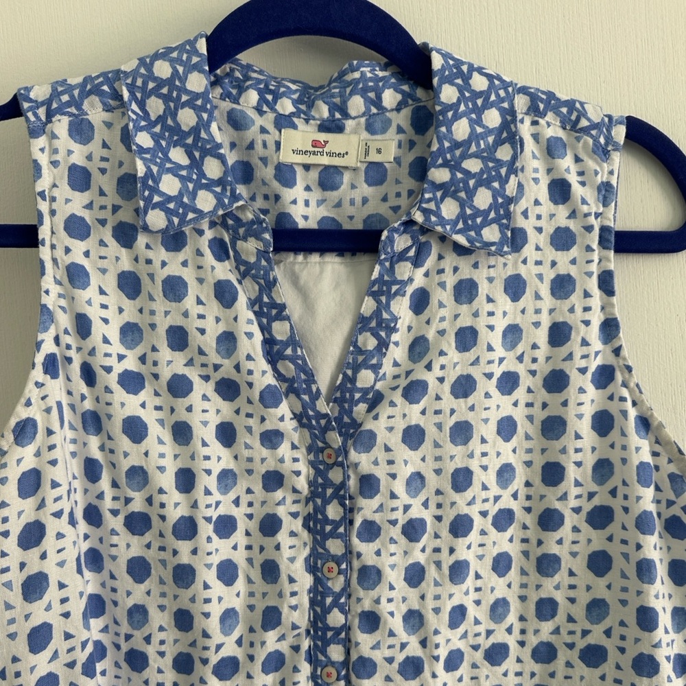 Vineyard Vines painted blue and white rattan print dress size 16 EUC msrp $98 - Picture 4 of 11